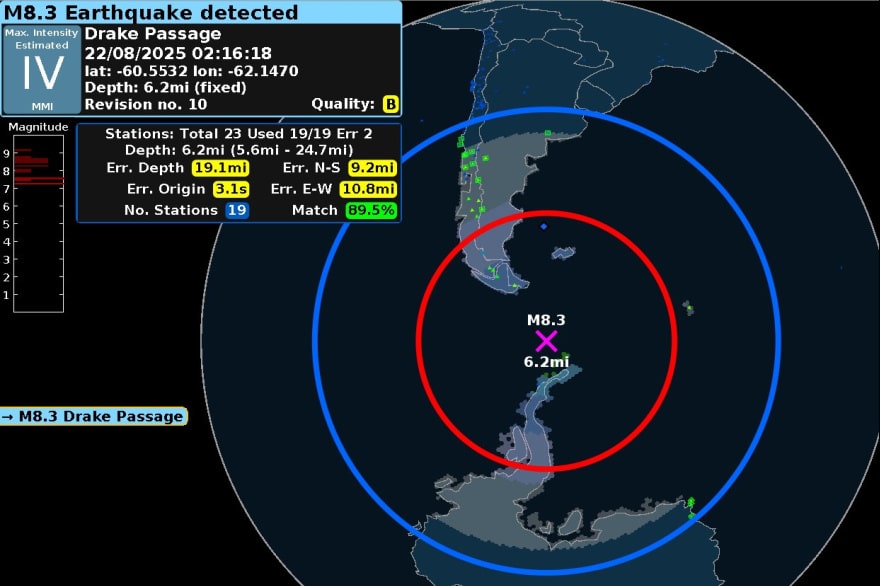 Fuerte terremoto de 8,3 grados en el Pasaje de Drake, a 717 km de Ushuaia